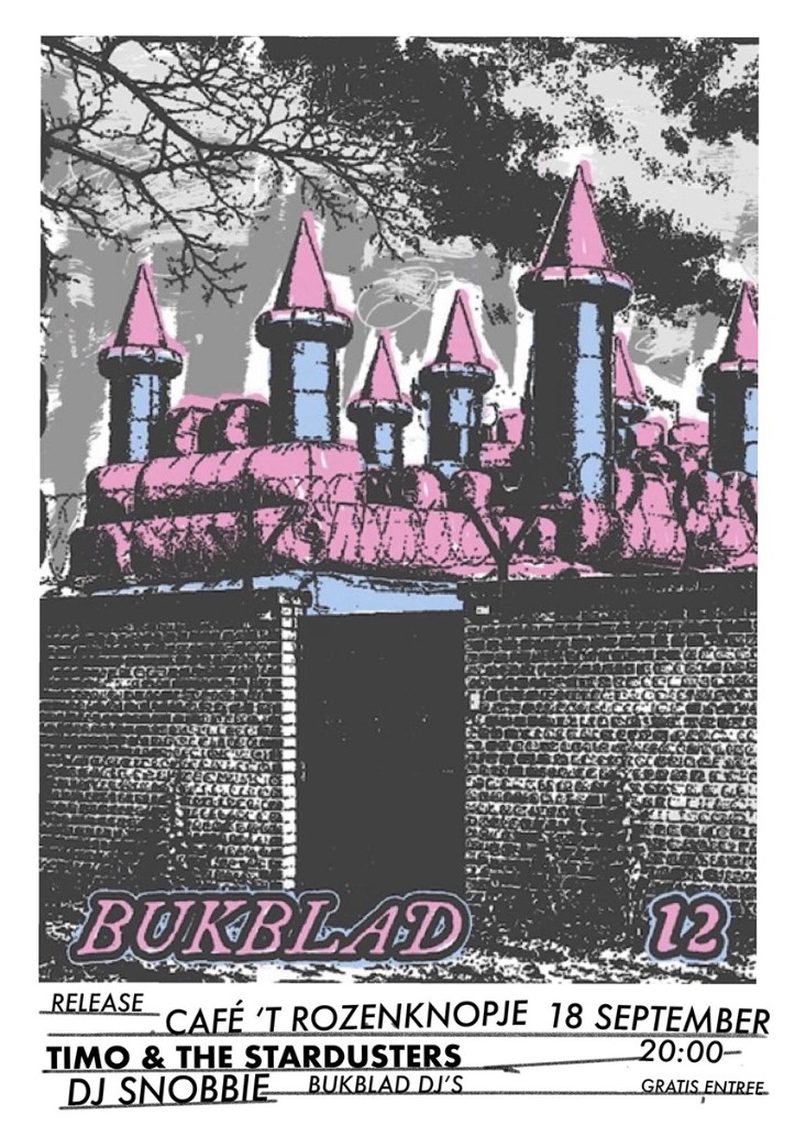 Event poster for BUKBLAD 12 at Café 't Rozenknopje featuring an artistic illustration of a castle with pink turrets on a brick wall.